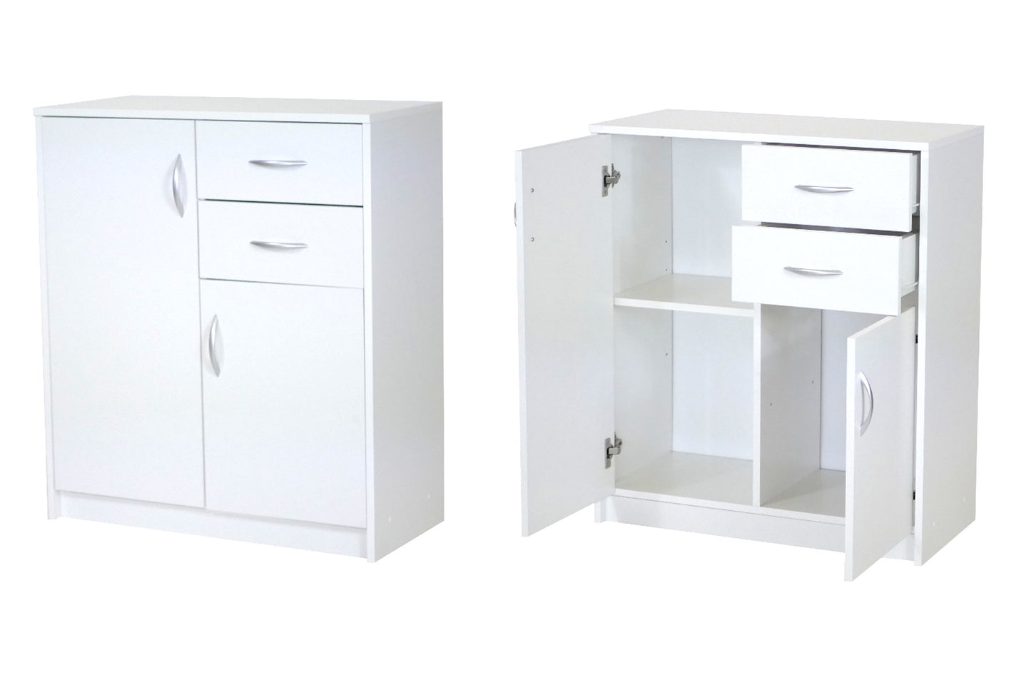 Commode avec 2 tiroirs, étroite en blanc, buffet haut, armoire polyvalente pour chambre à coucher 