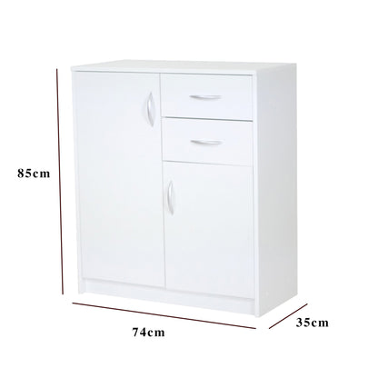 Commode avec 2 tiroirs, étroite en blanc, buffet haut, armoire polyvalente pour chambre à coucher 