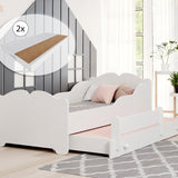 Lit fille avec lit gigogne, lit enfant, lit fonctionnel 80x160 avec deux matelas et protection antichute en blanc avec motif princesse, fée, sirène ou éléphant