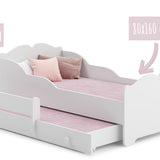 Lit fille avec lit gigogne, lit enfant, lit fonctionnel 80x160 avec deux matelas et protection antichute en blanc avec motif princesse, fée, sirène ou éléphant