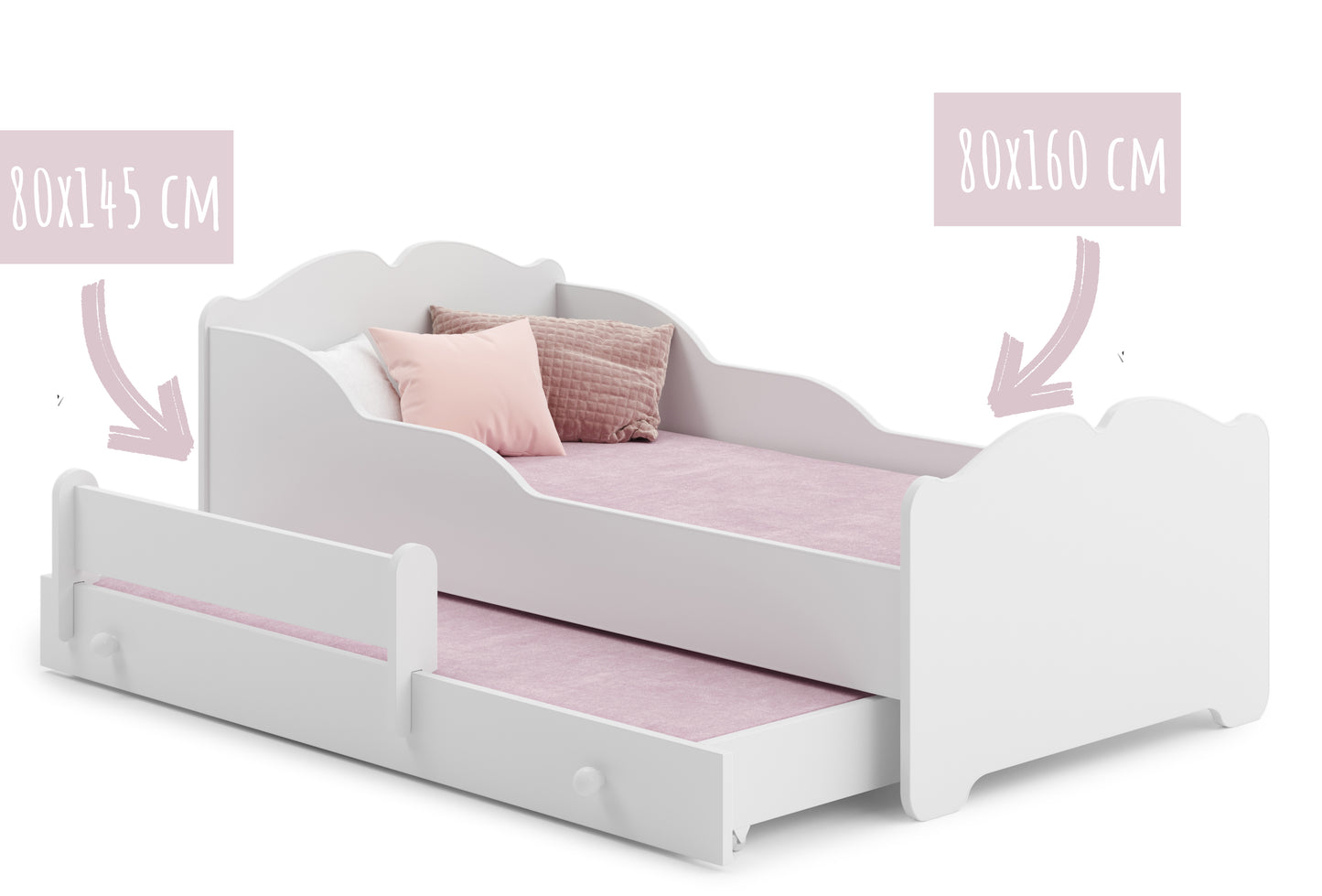 Mädchenbett mit Ausziehbett Kinderbett Funktionsbett 80x160 mit zwei Matratzen & Rausfallschutz in weiß mit Prinzessin, Fee, Meerjungfrau oder Elefant Motiv