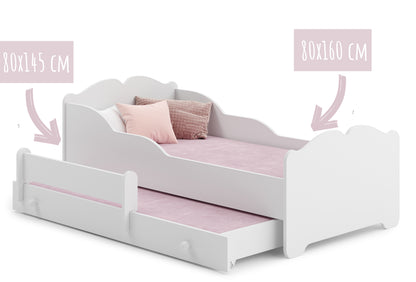 Mädchenbett mit Ausziehbett Kinderbett Funktionsbett 80x160 mit zwei Matratzen & Rausfallschutz in weiß mit Prinzessin, Fee, Meerjungfrau oder Elefant Motiv