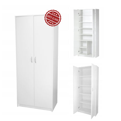 Armoire armoire polyvalente avec amortisseur de porte SOFT CLOSE (en option) blanc 74 cm largeur 180 cm hauteur avec quatre ou six étagères, classeur organisateur d'armoire domestique en bois MDF