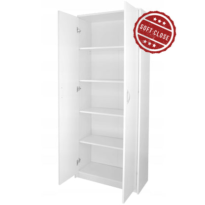 Armoire armoire polyvalente avec amortisseur de porte SOFT CLOSE (en option) blanc 74 cm largeur 180 cm hauteur avec quatre ou six étagères, classeur organisateur d'armoire domestique en bois MDF