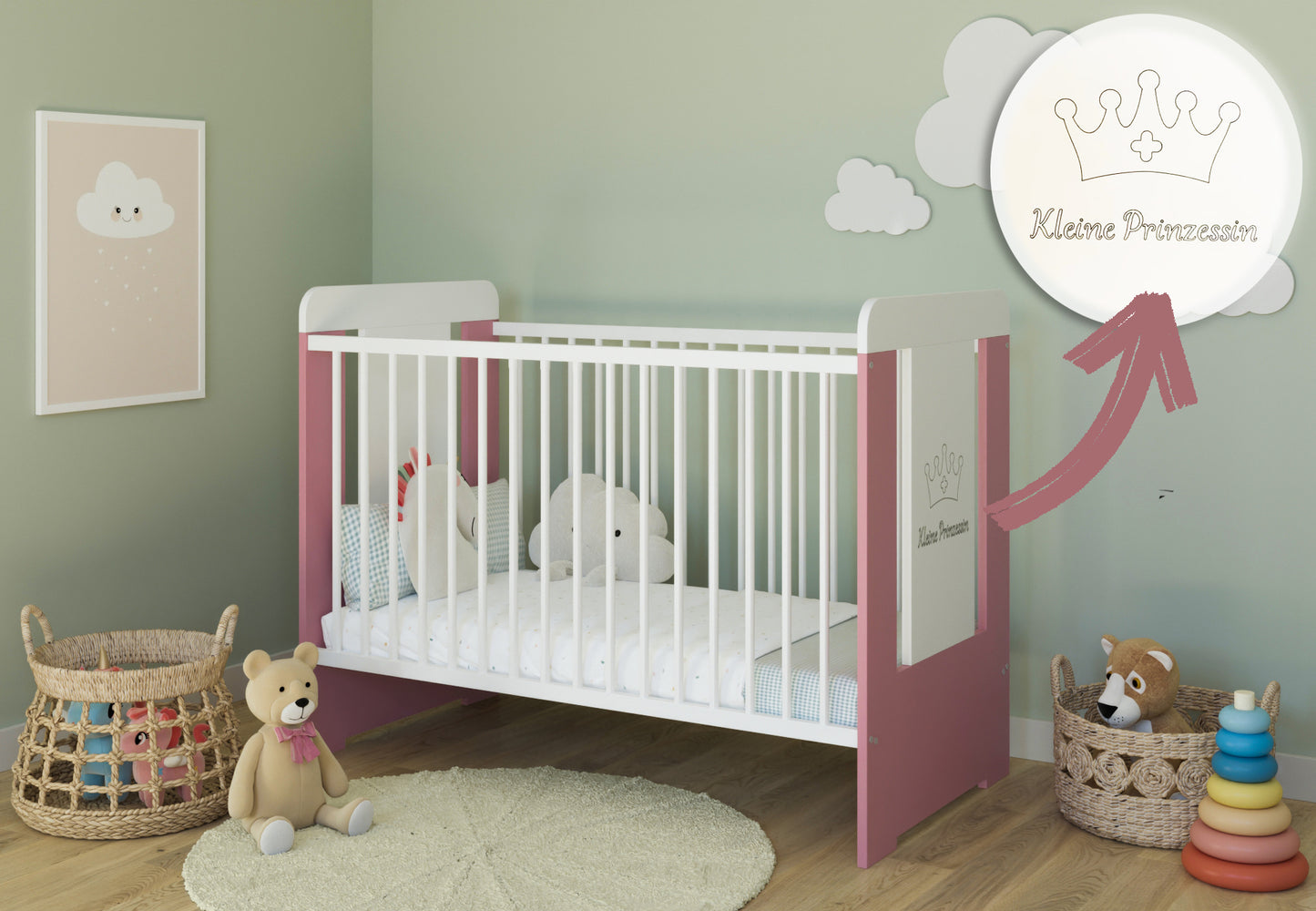 Lit bébé avec gravure ours en peluche, princesse ou prince 60x120 avec matelas (en option) réglable en hauteur | Barreaux amovibles blancs Fabriqué en Europe