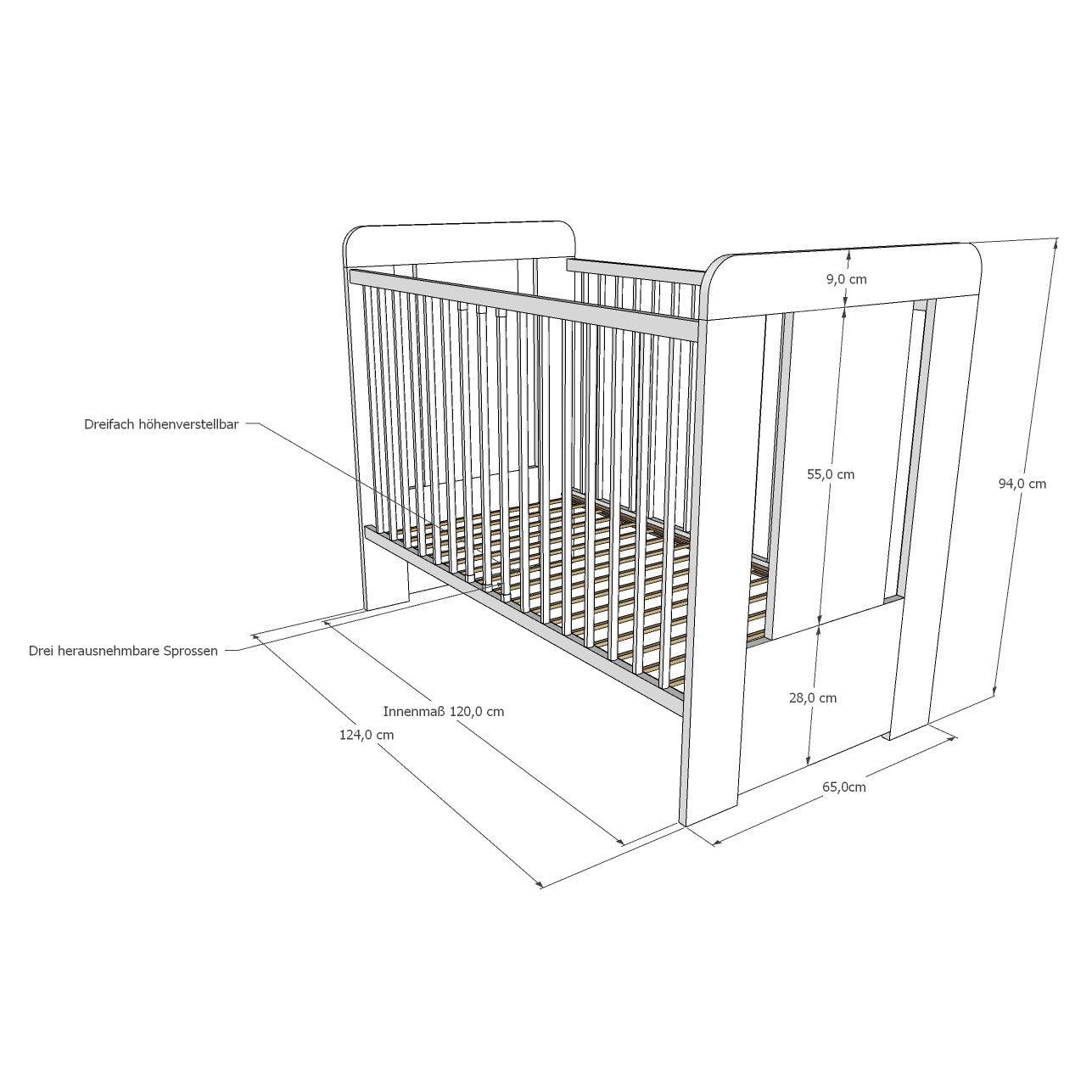 Babybett Gitterbett mit Teddybär, Prinzessin ode Prinz Gravur 60x120 mit Matratze (optional) höhenverstellbar | herausnehmbare Sprossen weiss Made in Europe