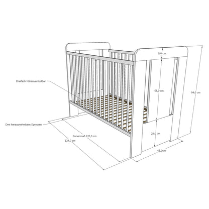 Babybett Gitterbett mit Teddybär, Prinzessin ode Prinz Gravur 60x120 mit Matratze (optional) höhenverstellbar | herausnehmbare Sprossen weiss Made in Europe