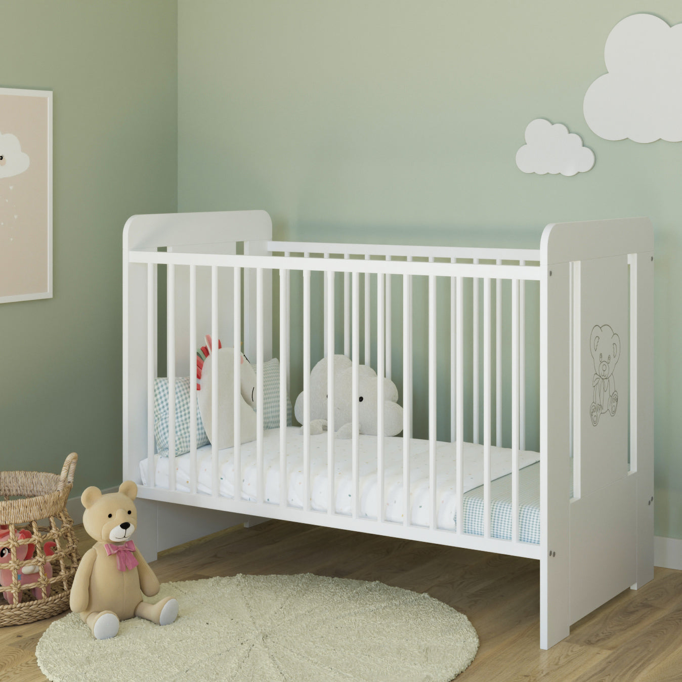 Babybett Gitterbett mit Teddybär, Prinzessin ode Prinz Gravur 60x120 mit Matratze (optional) höhenverstellbar | herausnehmbare Sprossen weiss Made in Europe