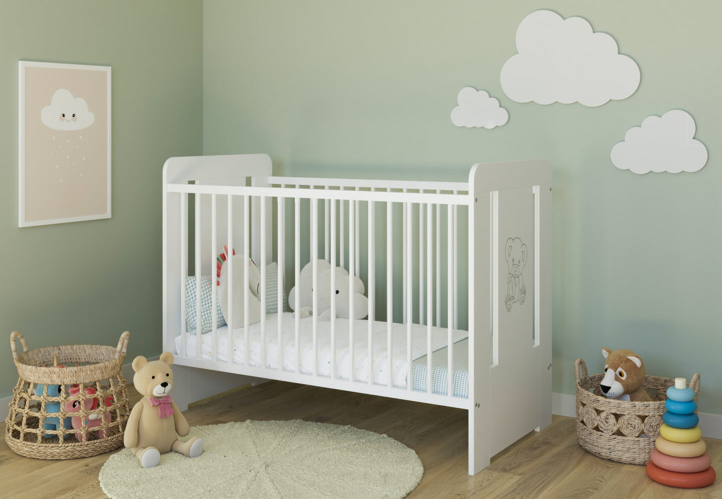 Lit bébé avec gravure ours en peluche, princesse ou prince 60x120 avec matelas (en option) réglable en hauteur | Barreaux amovibles blancs Fabriqué en Europe