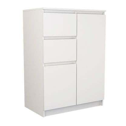 Commode avec 3 tiroirs et 1 porte 80x75x40 cm (L/H/P) étroite en blanc, buffet haut armoire polyvalente chambre à coucher