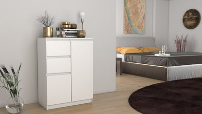 Kommode mit 3 Schubladen und 1 Tür 80x75x40 cm (B/H/T) schmal in weiß, Highboard Sideboard Mehrzweckschrank Schrank Schlafzimmer