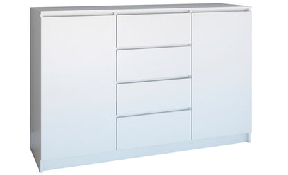 Commode avec 3 ou 4 tiroirs et 2 portes étroites en blanc, buffet haut, armoire polyvalente pour chambre à coucher