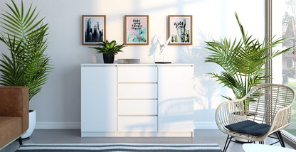 Commode avec 3 ou 4 tiroirs et 2 portes étroites en blanc, buffet haut, armoire polyvalente pour chambre à coucher