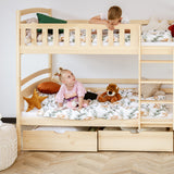 Hochbett 90x200 cm Etagenbett mit zwei Schubladen, Lattenrost, Rausfallschutz, umbaubar in zwei Einzelbetten, aus Vollholz massiv, Funktionsbett