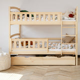 Hochbett 90x200 cm Etagenbett mit zwei Schubladen, Lattenrost, Rausfallschutz, umbaubar in zwei Einzelbetten, aus Vollholz massiv, Funktionsbett