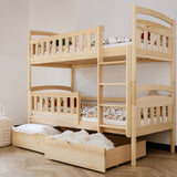 Hochbett 90x200 cm Etagenbett mit zwei Schubladen, Lattenrost, Rausfallschutz, umbaubar in zwei Einzelbetten, aus Vollholz massiv, Funktionsbett