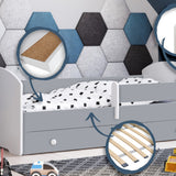 Lit enfant 70x140 | 80x160 cm avec matelas et tiroir, protection antichute &amp; sommier à lattes en blanc et avec motifs (pompiers, police, princesse, dinosaure...) pour garçons et filles