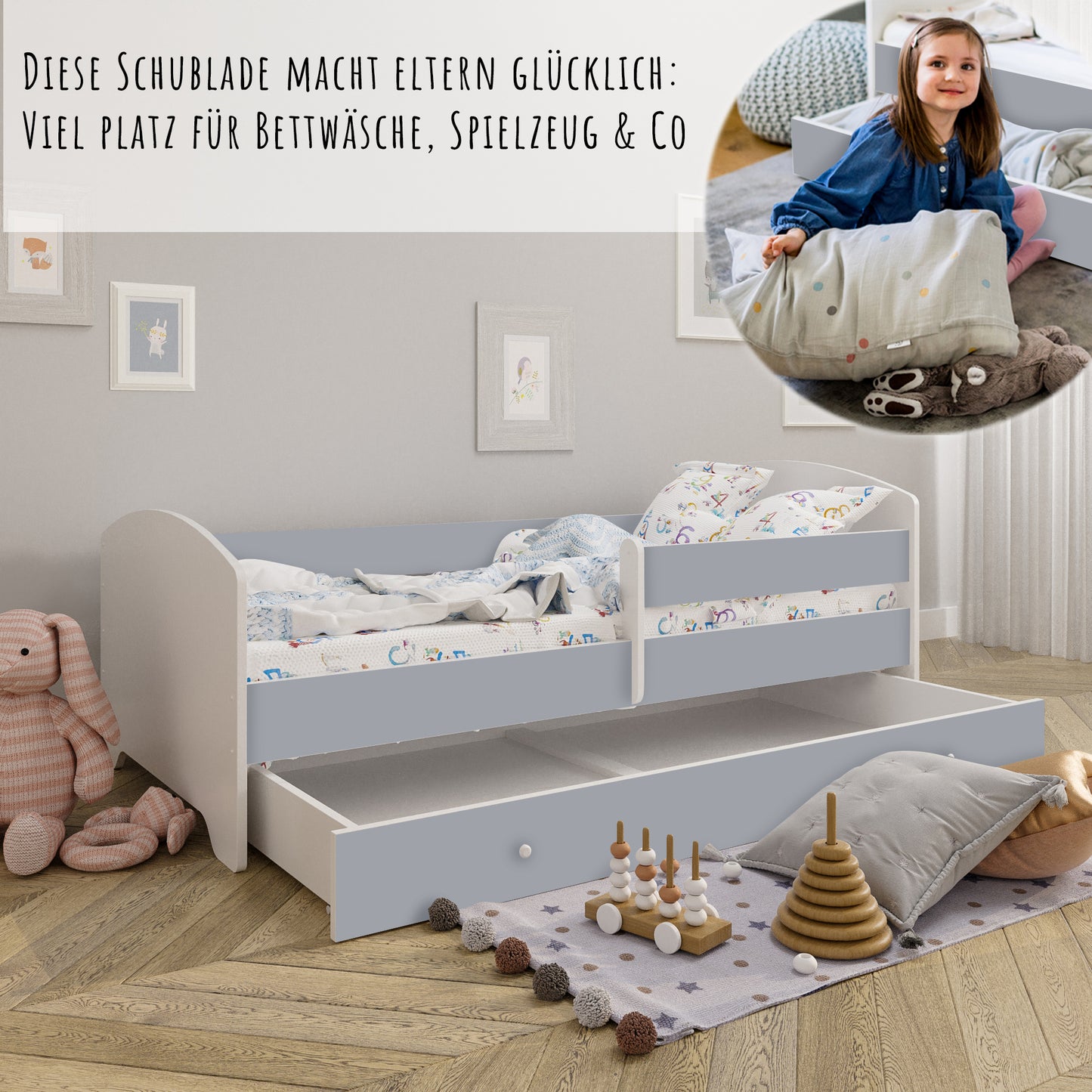 Lit enfant 70x140 | 80x160 cm avec matelas et tiroir, protection antichute &amp; sommier à lattes en blanc et avec motifs (pompiers, police, princesse, dinosaure...) pour garçons et filles