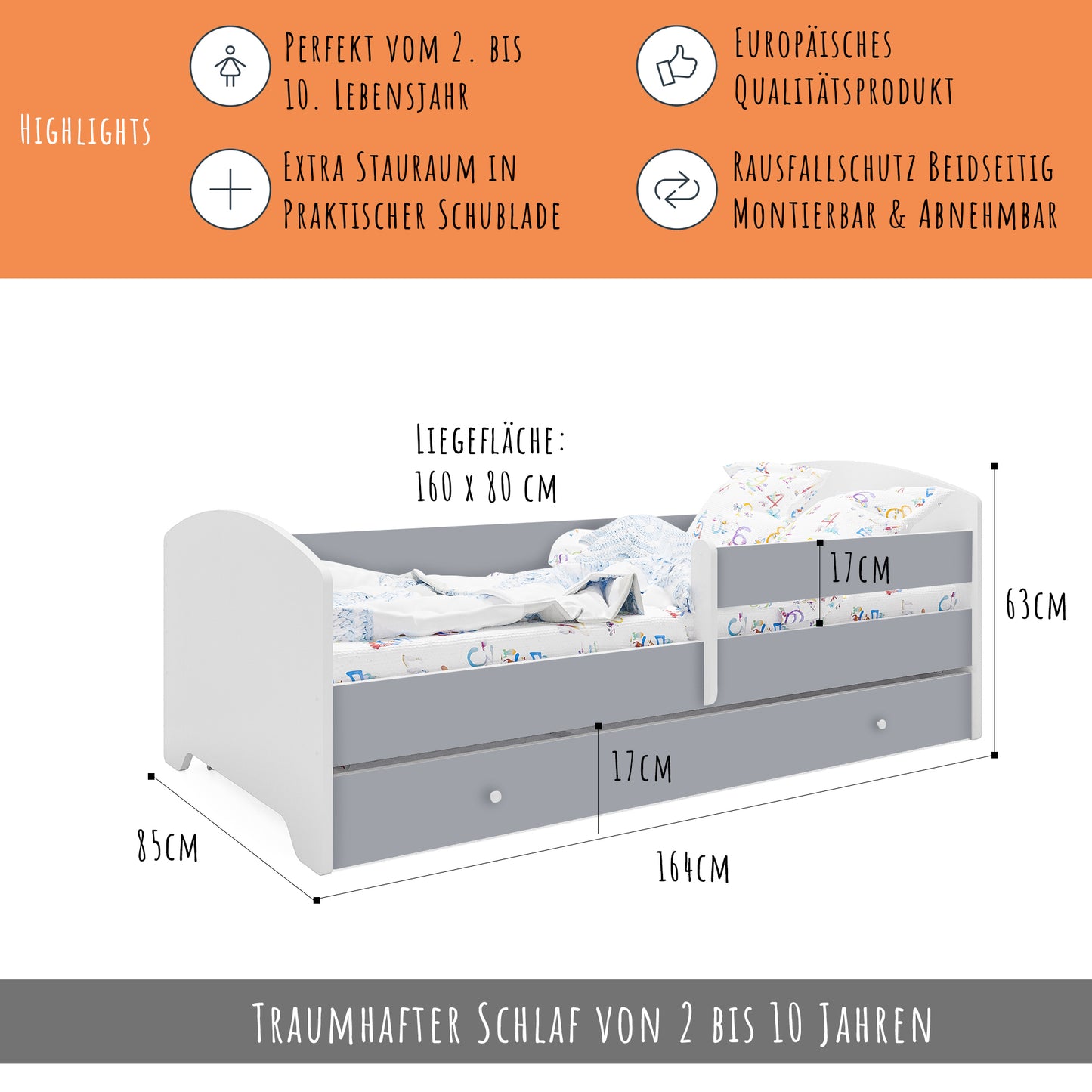 Lit enfant 70x140 | 80x160 cm avec matelas et tiroir, protection antichute &amp; sommier à lattes en blanc et avec motifs (pompiers, police, princesse, dinosaure...) pour garçons et filles