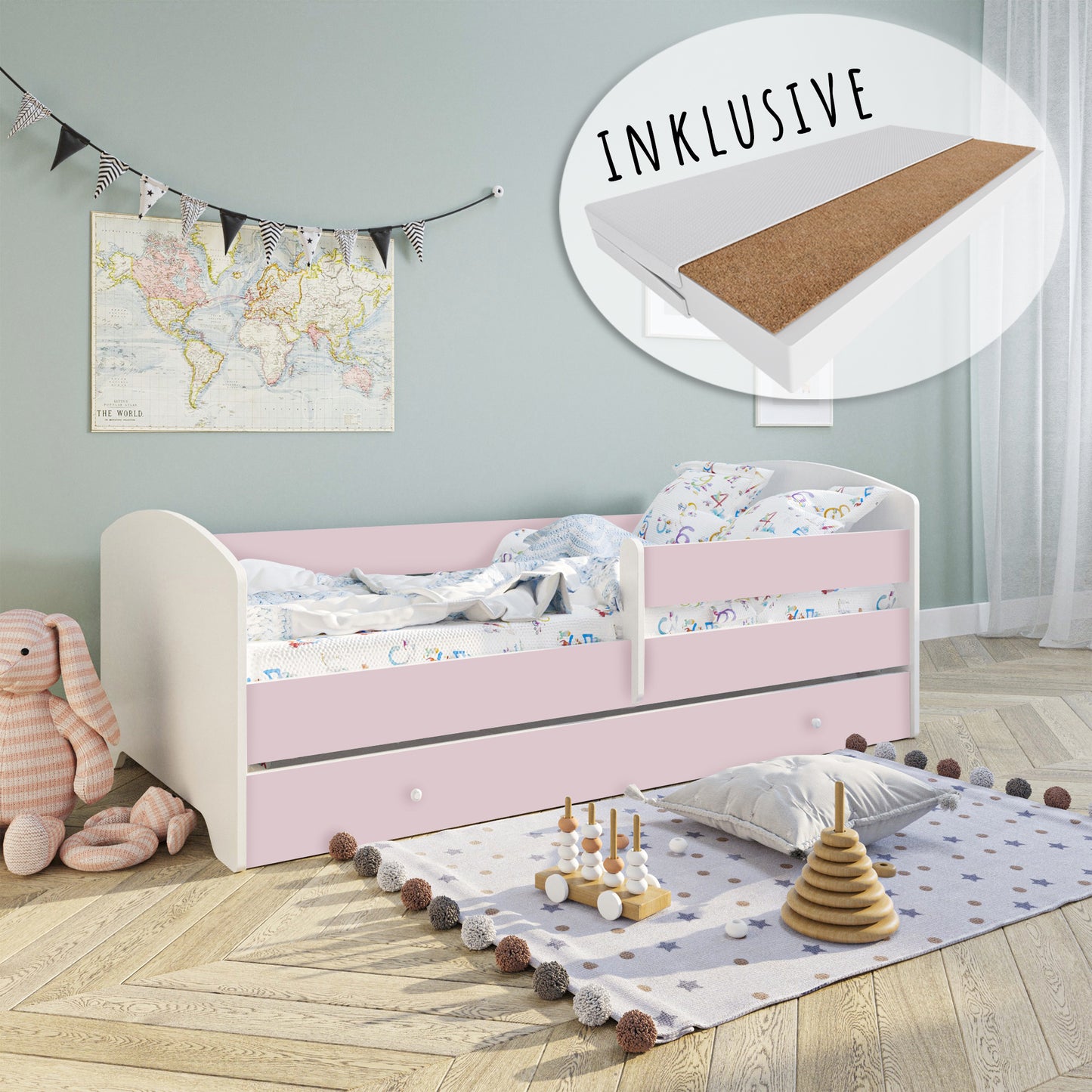 Lit enfant 70x140 | 80x160 cm avec matelas et tiroir, protection antichute &amp; sommier à lattes en blanc et avec motifs (pompiers, police, princesse, dinosaure...) pour garçons et filles