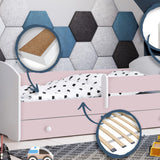 Lit enfant 70x140 | 80x160 cm avec matelas et tiroir, protection antichute &amp; sommier à lattes en blanc et avec motifs (pompiers, police, princesse, dinosaure...) pour garçons et filles