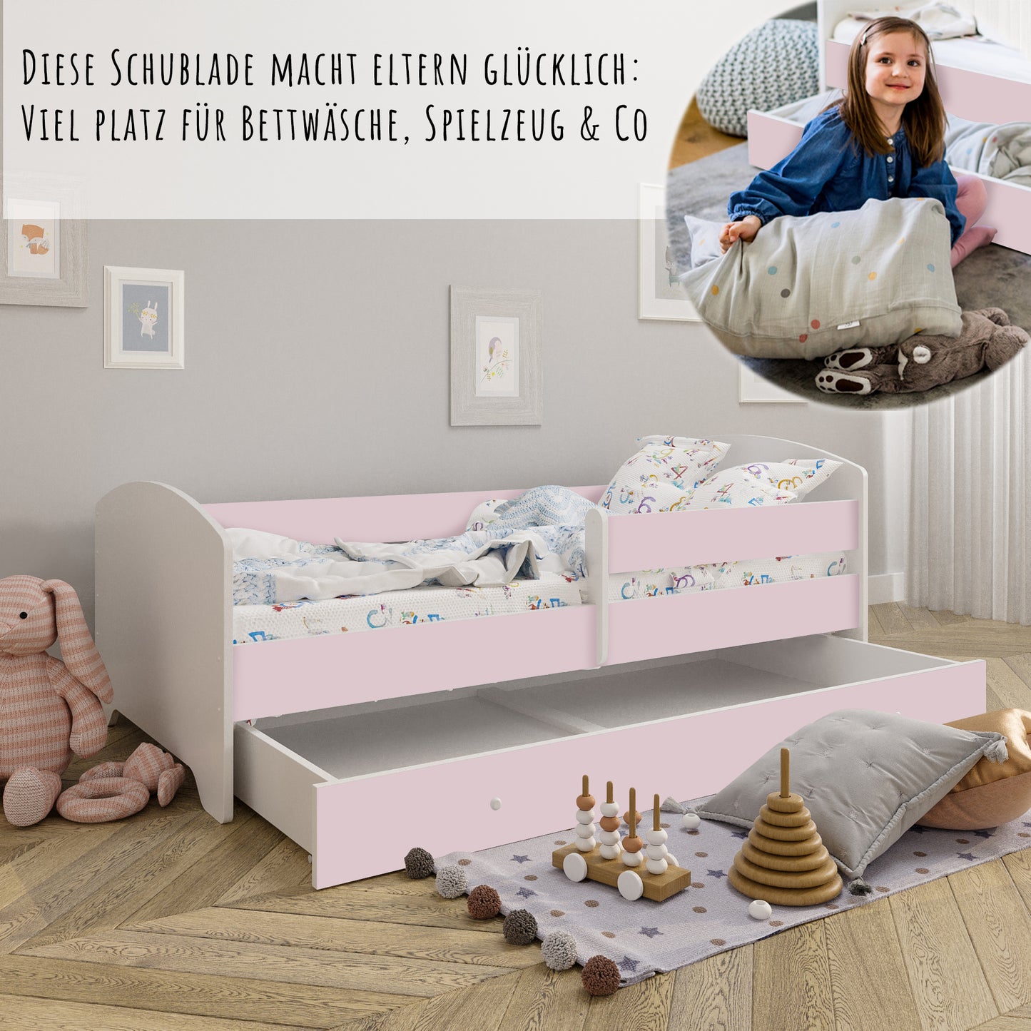 Lit enfant 70x140 | 80x160 cm avec matelas et tiroir, protection antichute &amp; sommier à lattes en blanc et avec motifs (pompiers, police, princesse, dinosaure...) pour garçons et filles