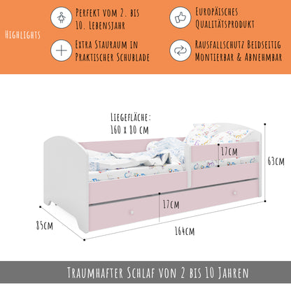 Lit enfant 70x140 | 80x160 cm avec matelas et tiroir, protection antichute &amp; sommier à lattes en blanc et avec motifs (pompiers, police, princesse, dinosaure...) pour garçons et filles