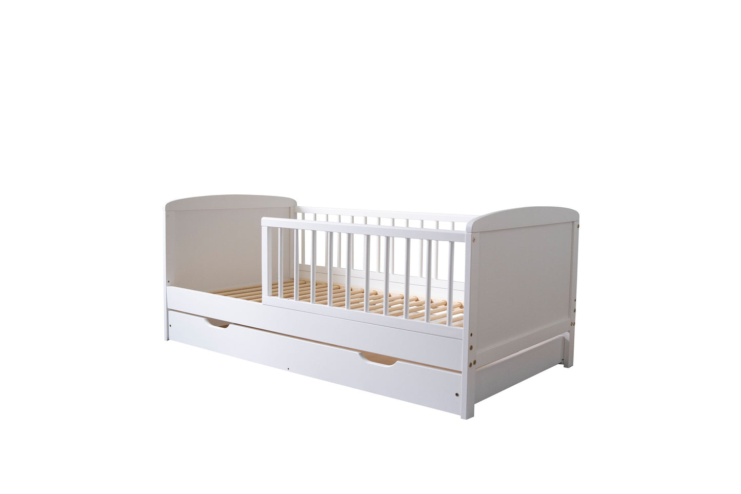 Lit enfant 140x70 cm avec matelas (en option), sommier à lattes, tiroir et protection antichute en bois massif blanc - 70 x 140 taille parfaite après lit bébé