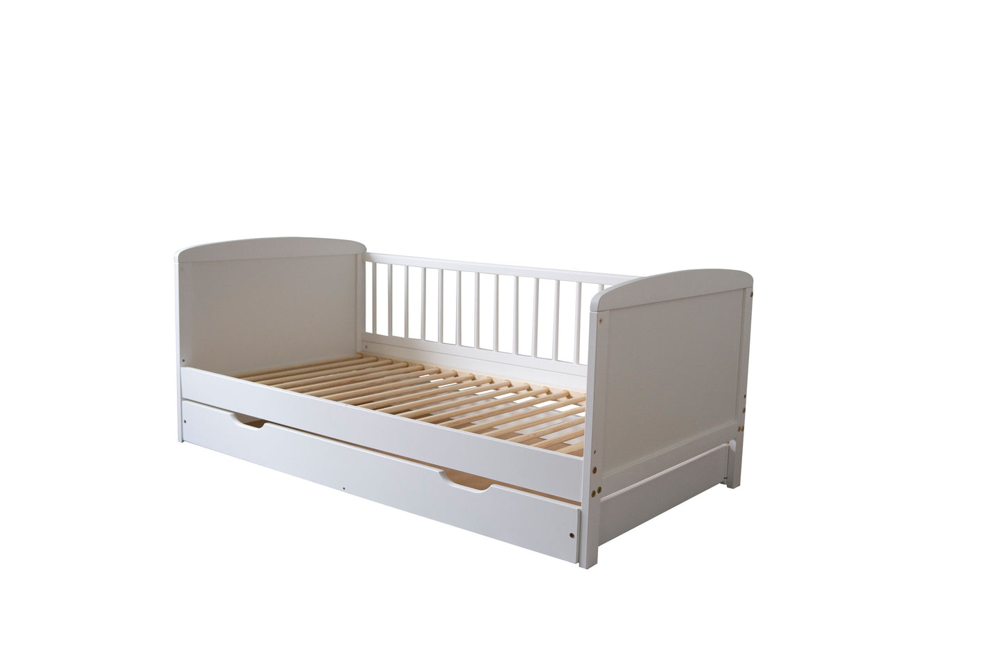 Lit enfant 140x70 cm avec matelas (en option), sommier à lattes, tiroir et protection antichute en bois massif blanc - 70 x 140 taille parfaite après lit bébé