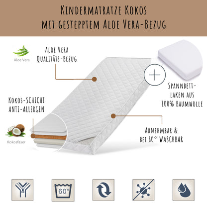 Kindermatratze 60x120 | 70x140 | 80x160 | 80x180 | 90x200 cm KOKOS mit gestepptem Aloe Vera-Bezug und Spannbettlaken (optional), 10 cm hoch, Babymatratze Kindermatratze Kokos-Matratze für Babybett oder Kinderbett,Körpergewicht bis 60kg