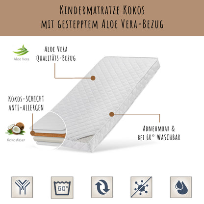 Kindermatratze 60x120 | 70x140 | 80x160 | 80x180 | 90x200 cm KOKOS mit gestepptem Aloe Vera-Bezug und Spannbettlaken (optional), 10 cm hoch, Babymatratze Kindermatratze Kokos-Matratze für Babybett oder Kinderbett,Körpergewicht bis 60kg