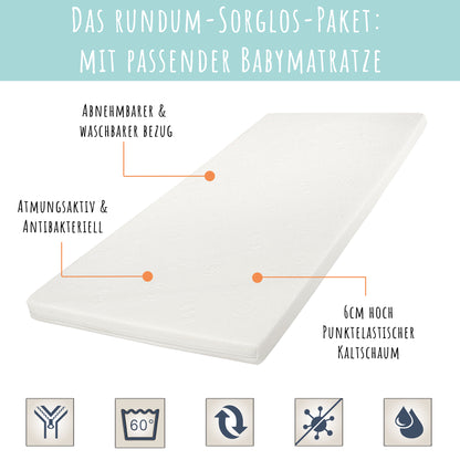 Babybett Kinderbett Gitterbett 60x120 | 70 x 140 cm höhenverstellbar & herausnehmbare Sprossen, optional mit Schublade und Matratze | Buchenholz weiss oder natur sehr stabil Made in Europe