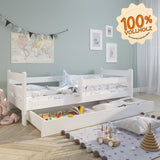 Kinderbett Jugendbett 80x160 und 90x200 cm mit Rausfallschutz | Voll-Holz mit Matratze (optional) Lattenrost & Schublade in weiß Kiefer | Mädchen Jungen Bett skandinavisch