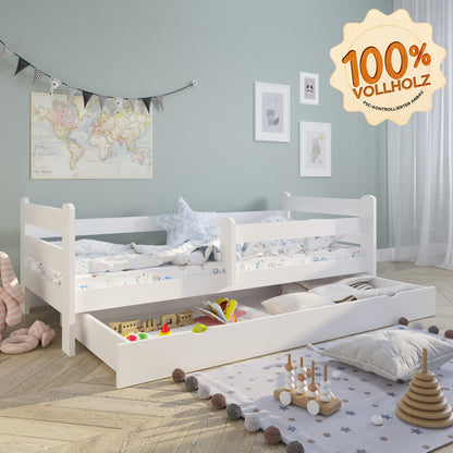 Lit enfant lit jeune 80x160 | 90x200 cm avec protection antichute | Bois massif avec matelas (en option) sommier à lattes &amp; tiroir en pin blanc | Lit fille garçon scandinave