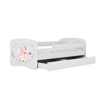 Lit enfant 80x160 | 180x80 cm avec matelas (en option), protection antichute, sommier à lattes et tiroir en blanc avec lit pour fille à motif licorne, cheval, pompiers ou fée