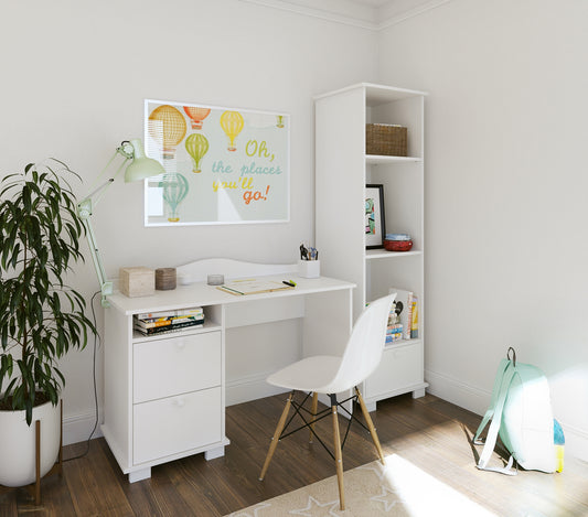 Bureau, bureau pour enfants avec hauteur de travail de 74 cm et deux tiroirs et compartiment de rangement en blanc, rose ou bleu Fabriqué en Europe