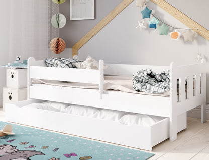 Lit enfant 90x200 | 80x180 | 80x160 cm avec matelas (en option), tiroir, protection antichute et sommier à lattes dans lit garçon fille blanc