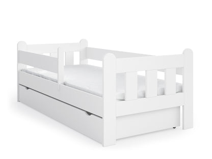 Lit enfant 90x200 | 80x180 | 80x160 cm avec matelas (en option), tiroir, protection antichute et sommier à lattes dans lit garçon fille blanc