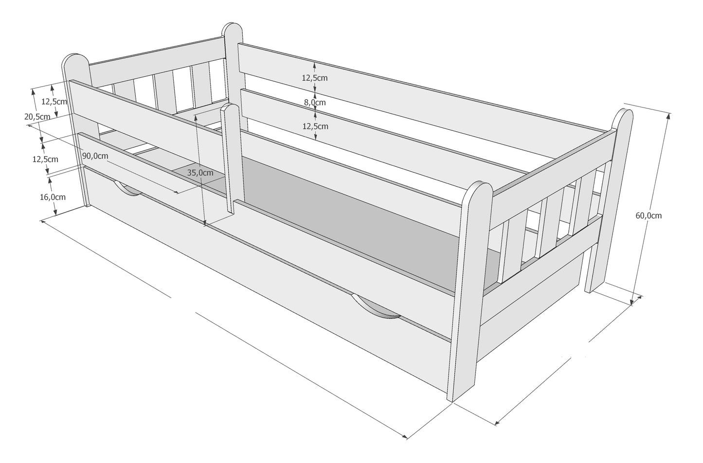 Lit enfant 90x200 | 80x180 | 80x160 cm avec matelas (en option), tiroir, protection antichute et sommier à lattes dans lit garçon fille blanc