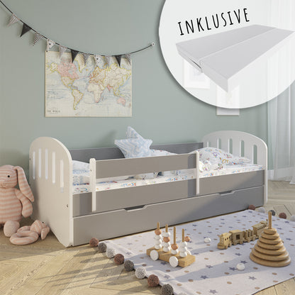 Lit enfant 80x160 | 80x180 cm avec matelas, tiroir (en option), protection antichute &amp; sommier à lattes en lit garçon fille blanc, rose, gris ou naturel