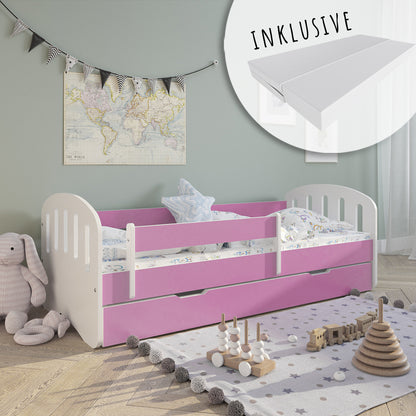 Lit enfant 80x160 | 80x180 cm avec matelas, tiroir (en option), protection antichute &amp; sommier à lattes en lit garçon fille blanc, rose, gris ou naturel