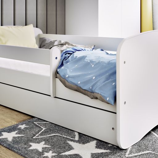 Lit enfant 80x160 | 180x80 cm avec matelas (en option), protection antichute, sommier à lattes et tiroir en blanc avec lit pour fille à motif licorne, cheval, pompiers ou fée