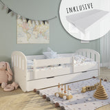 Kinderbett 80x160 | 80x180 cm mit Matratze, Schublade (optional), Rausfallschutz & Lattenrost in weiß, pink, grau oder natur Mädchen Jungen Bett