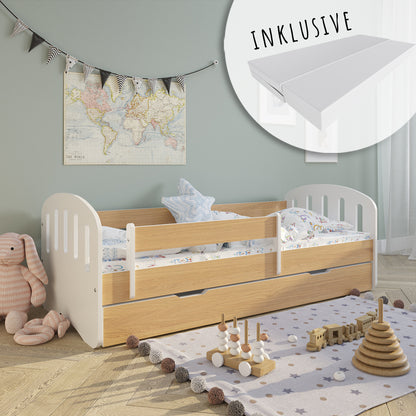 Lit enfant 80x160 | 80x180 cm avec matelas, tiroir (en option), protection antichute &amp; sommier à lattes en lit garçon fille blanc, rose, gris ou naturel