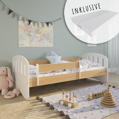 Lit enfant 80x160 | 80x180 cm avec matelas, tiroir (en option), protection antichute &amp; sommier à lattes en lit garçon fille blanc, rose, gris ou naturel